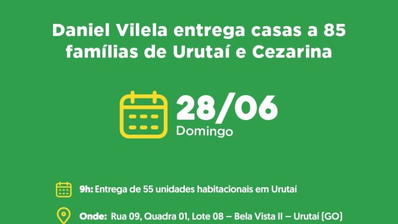 Casas a custo zero: 85 famílias de Urutaí e Cezarina recebem moradias neste domingo