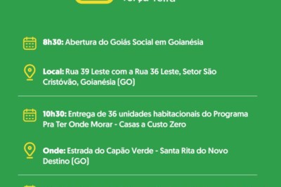 Daniel Vilela cumpre agenda no interior nesta terça: Goiás Social, 36 casas a custo zero, R$ 100 mi no HEJA e 36 km de rodovia